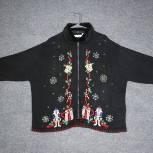 VJ Woman 3X Black Christmas Nutcracker Beaded Zipper Fur Collar Ugly Sweater